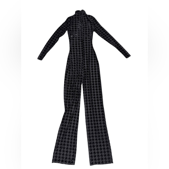 Naked Wardrobe Black Sheer & Velvet Houndstooth Long Sleeve Jumpsuit Size Small - Picture 3 of 9
